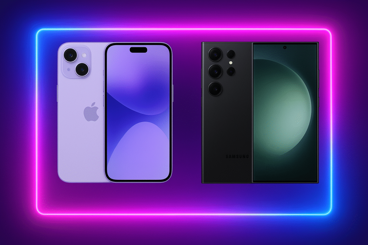 Side-by-side comparison of the iPhone 17 and Samsung Galaxy S25 Ultra, displayed against a glowing neon background, highlighting their sleek design and advanced camera systems.