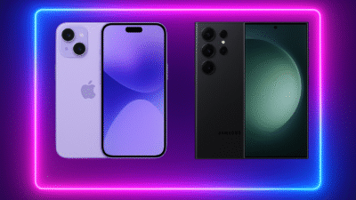 Side-by-side comparison of the iPhone 17 and Samsung Galaxy S25 Ultra, displayed against a glowing neon background, highlighting their sleek design and advanced camera systems.